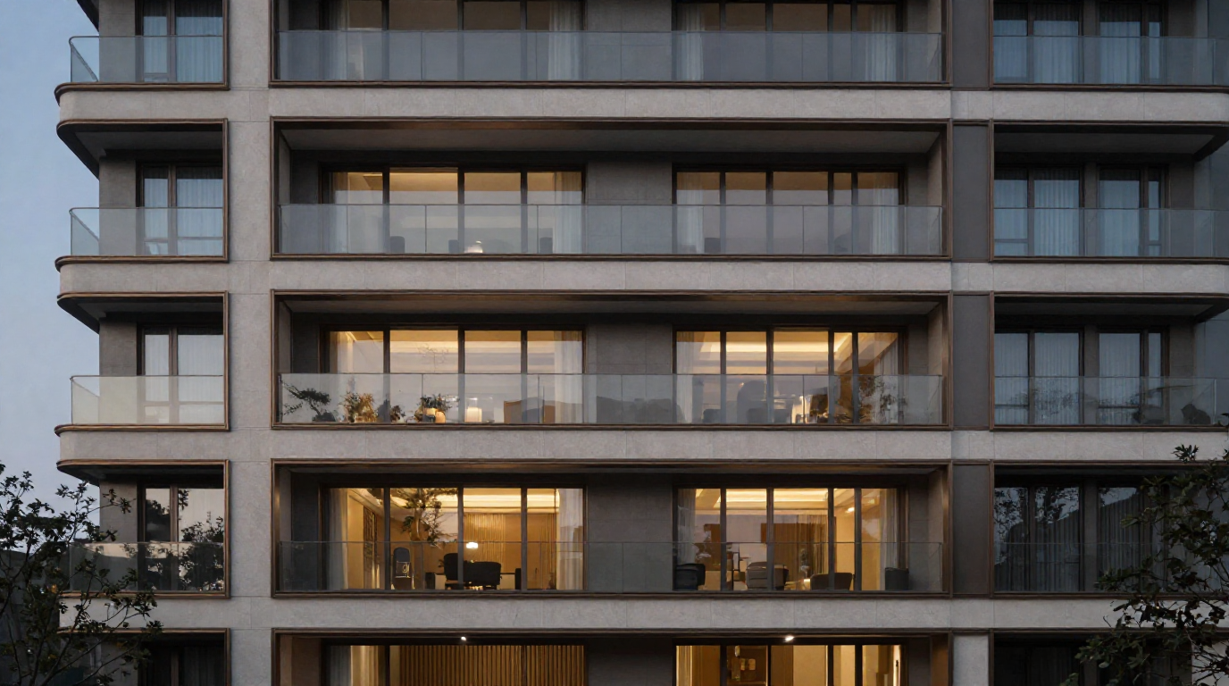 Branded residential building facade at dusk